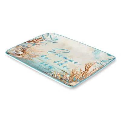 Certified International Escape To The Sea 16x12-inch Rectangular Platter, Coastal Seashell & Coral Design, Durable Ceramic,  In Blue;brown;beige;pink