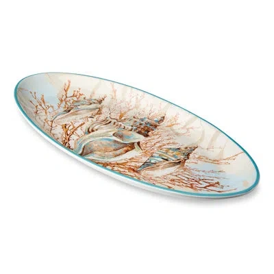 Certified International Escape To The Sea 19.5x8.5-inch Fish Platter, Coastal Seashell & Coral Design, Durable Ceramic, Dish In Blue;brown;beige;pink