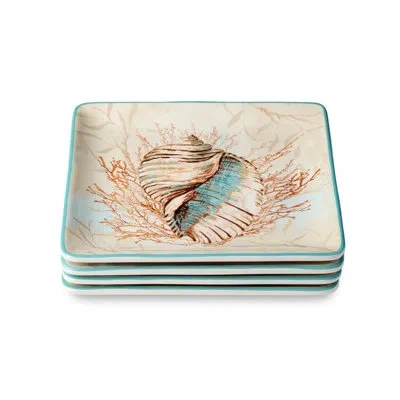 Certified International Escape To The Sea 8.5-inch Salad Plates, Set Of 4, Seashell & Coral Coastal Design, Durable Ceramic, In Blue;brown;beige;pink