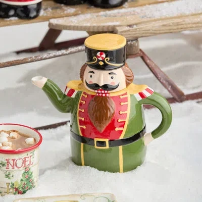 Certified International Festive Christmas Nutcracker Teapot – 3d Holiday Ceramic Teapot For Hot Cocoa, Tea, Or Cider – Colle In Black;brown;green;red;yellow