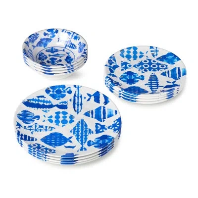 Certified International Fish Tale 12pc Melamine Dinnerware Set For 4 – Cobalt Blue Fish School, Outdoor Plates Bowls, Shatte In Multicolored