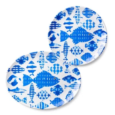Certified International Fish Tale 2pc Melamine Platter Set – 14" Round & 18x13.5" Oval, Cobalt Blue Swimming Fish Art, Shatt In Multicolored