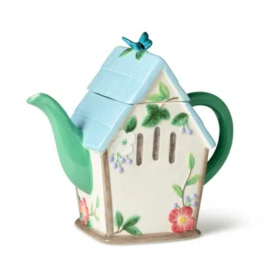 Certified International Flora 3-d Birdhouse Teapot In Blue;black;white;green;pink