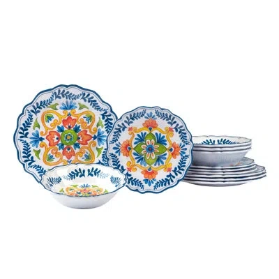 Certified International Flores Melamine 12 Pc Dinnerware Set In Blue;white;orange;multicolored