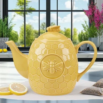 Certified International French Bees Embossed Honeycomb Teapot 9.25in X 5.25in X 6.875in In Yellow