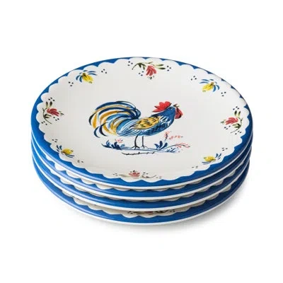 Certified International French Rooster Ceramic Canape Plate Set Of 4, 6‑inch Farmhouse Plates With Cobalt Scalloped Rims And In Blue