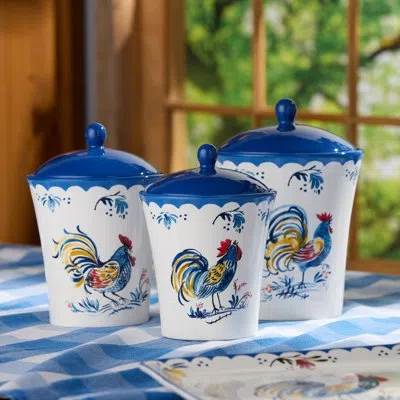 Certified International French Rooster Ceramic Canister Set 3‑piece, Farmhouse Kitchen Storage Jars With Rooster Motifs And  In Multicolored