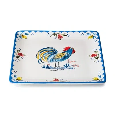 Certified International French Rooster Ceramic Square Platter 12.5 Inches, Rustic Farmhouse Serving Platter With Cobalt Trim In Multicolored