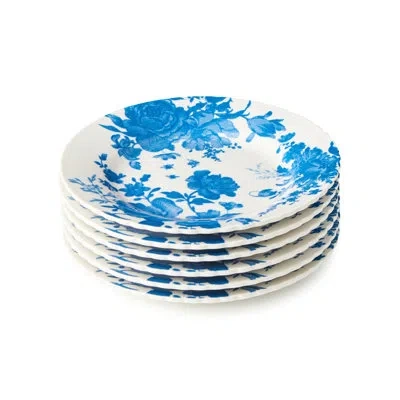 Certified International Gabrielle Blue Porcelain Canape Plate Set Of 6, 6‑inch Assorted Scalloped Floral Toile Plates With I