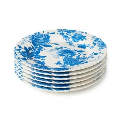 Certified International Gabrielle Blue Porcelain Salad Plate Set Of 6, 9‑inch Assorted Scalloped Floral Toile Plates, Classi