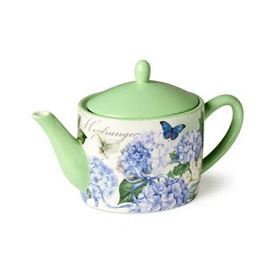 Certified International Garden Path Ceramic Teapot 40 oz – Purple, And White Hydrangea Design With Butterfly Accents, Green  In Black;white;green;orange;purple