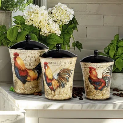 Certified International Gilded Rooster 3 Piece Kitchen Canister Set In Blue;black;brown;red;yellow;orange