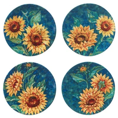 Certified International Golden Sunflowers Set Of 4 Dinner Plates In Blue