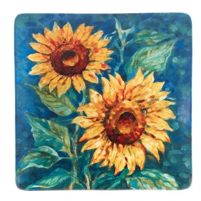 Certified International Golden Sunflowers Square Platter In Blue