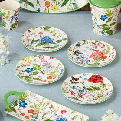 Certified International Greenhouse Set Of 4 Salad Plates 9" In Blue;white;green;red;yellow;pink