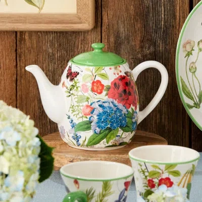 Certified International Greenhouse Teapot In Blue;white;green;red