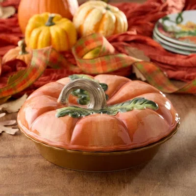 Certified International Harvest Fields 3d Pumpkin Covered Pie Carrier – 10.5” Ceramic Pie Dish With Lid – Perfect For Baking In Brown