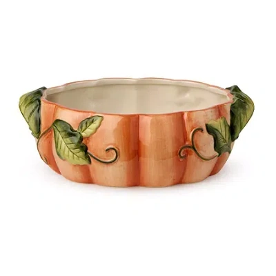 Certified International Harvest Fields Ceramic 3-d Pumpkin Shallow Serving Bowl In Orange