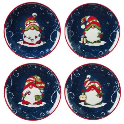 Certified International Holiday Magic Gnomes Set Of 4 Dessert Plate In Blue;white;red