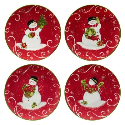 Certified International Holiday Magic Snowman Set Of 4 Dessert Plate In Black;white;green;red
