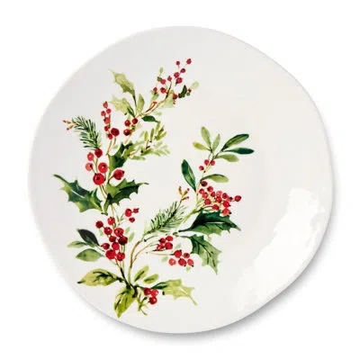 Certified International Holly And Vines Christmas Dinner Plates – Set Of 4 Stoneware Holiday Plates With Artist-designed Gre In Brown;white;green;red
