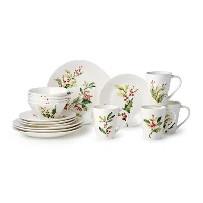 Certified International Holly And Vines Christmas Dinnerware Set – 16-piece Stoneware Service For 4 With Artist-designed Hol In Brown;white;green;red