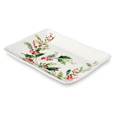 Certified International Holly And Vines Christmas Rectangular Platter – Stoneware Holiday Serving Tray With Artist-designed  In Brown;white;green;red