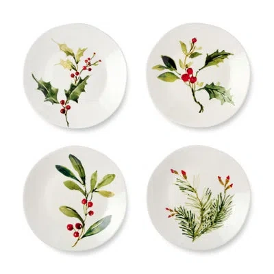 Certified International Holly And Vines Dessert Plates Set Of 4, 9-inch Stoneware Holiday Plates With Artistic Botanical Des In Brown;white;green;red