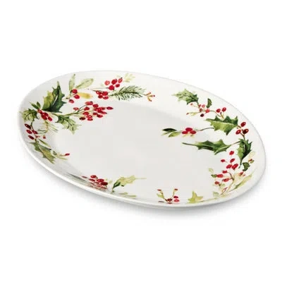 Certified International Holly And Vines Oval Platter, Stoneware Holiday Serving Platter For Roasts, Turkey, Appetizers, And  In Brown;white;green;red