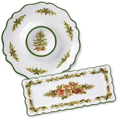 Certified International Holly Tree Christmas Appetizer Set – 2-piece Melamine Chip & Dip And Rectangular Platter With Festiv In White;green;red;beige