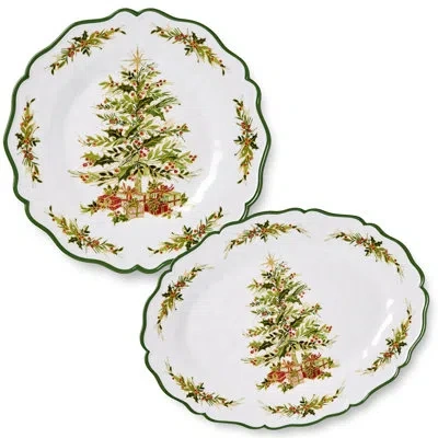 Certified International Holly Tree Christmas Platter Set – 2-piece Melamine Holiday Platters With Classic Tree Design, Indoo In White;green;red;beige