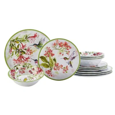 Certified International Hummingbirds Melamine 12 Pc Dinnerware Set In Black;white;green;pink;purple;multicolor