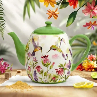 Certified International Hummingbirds Teapot 40 Oz. In White;green;pink;purple