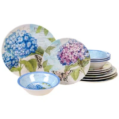 Certified International Hydrangea Garden 12 Piece Melamine Dinnerware Set, Service For 4 In Blue;pink