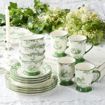 Certified International Le Jardin 16-piece Green Bunny Dinnerware Set – Elegant Stoneware Plates, Bowls & Mugs For Springtim In White;green