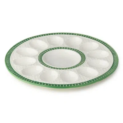 Certified International Le Jardin Embossed Rattan Egg Plate – Stoneware Deviled Egg Tray With Basketweave Detail And Green T In White;green