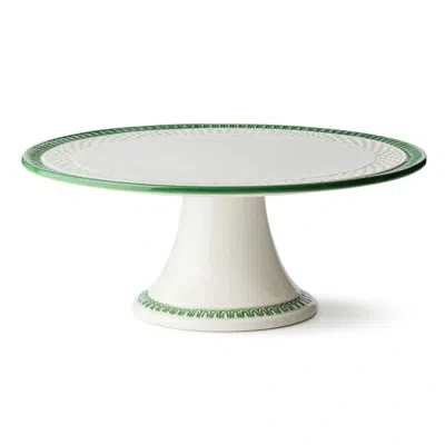 Certified International Le Jardin Embossed Rattan Footed Cake Plate – Stoneware Cake Stand With Basketweave Detail And Green In White;green