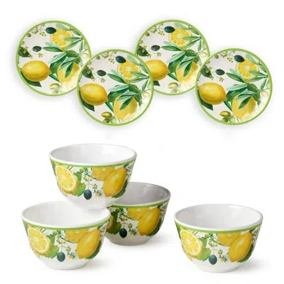 Certified International Limone 8-piece Melamine Canapé Plate & Dip Bowl Set – Mediterranean Lemon & Olive Design, Perfect Fo In Black;white;green;yellow