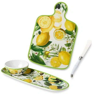 Certified International Limone Cheese Plate & Oval Tray Set – Vibrant Lemon & Olive Melamine Serveware With Dip Bowl & Chees In Black;white;green;yellow