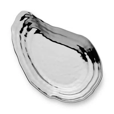 Certified International Luxury Coastal Serveware: Silver Plated Porcelain Oyster Platter – 15.5 X 10 Inches, Tarnish-resista In White;silver