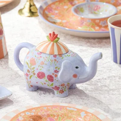 Certified International Menagerie Ceramic 3‑d Elephant Teapot, Sculpted Pastel Floral Teapot With Striped Base, Ideal For Se In Multicolored