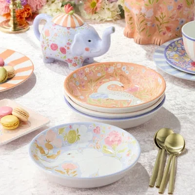 Certified International Menagerie Ceramic Soup Bowl Set Of 4, 9 X 2 Inch Assorted Animal‑themed Pastel Bowls With Floral Acc In Multicolored