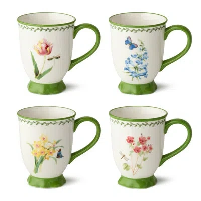 Certified International Mirabella Porcelain 14 oz Footed Mug Set Of 4, Elegant Floral And Butterfly Mugs With Scalloped Rim  In Multicolored