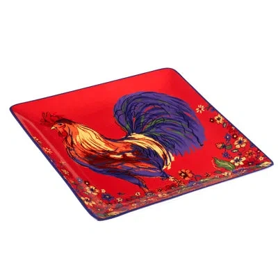 Certified International Morning Rooster Square Platter In Blue;red;yellow