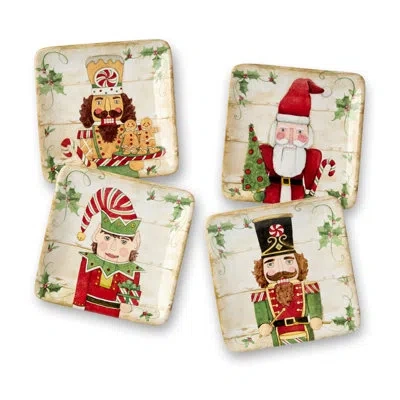 Certified International Nutcracker Parade Set Of 4 Canape Plates – Holiday Themed Ceramic Snack Dishes Featuring Santa, Nutc In Brown;white;green;red