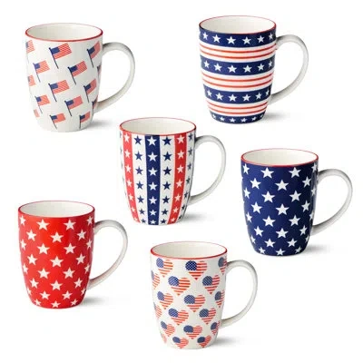 Certified International Patriotic Pad Print Porcelain Mug Set Of 6, 14 Ounce Red White And Blue Assorted Star Stripe And Fla In Blue;white;red
