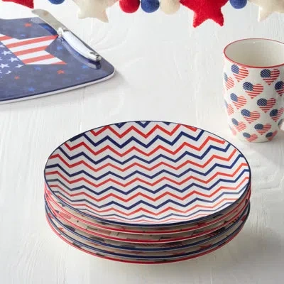 Certified International Patriotic Pad Print Porcelain Salad Plate Set Of 6, 8.75 Inch Red White And Blue Assorted Star Strip In Blue;white;red