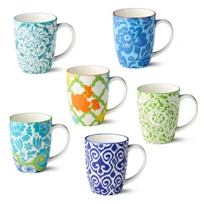 Certified International Pavillion Porcelain Mug Set Of 6, 14 oz Vibrant Assorted Mugs With Global Tile Motifs And Colorful P In Multicolored