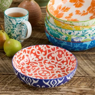 Certified International Pavillion Porcelain Soup Bowl Set Of 6, 8.5 X 2 Inch Vibrant Patterned Bowls With Global Tile Motifs In Multicolored