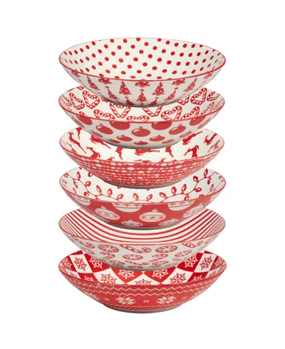 Certified International Peppermint Candy 40 oz Soup Bowls Set Of 6, Service For 6 In Red